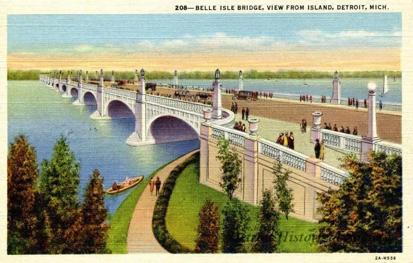 Postcard - 208--Belle Isle Bridge, View From Island, Detroit, Mich.
