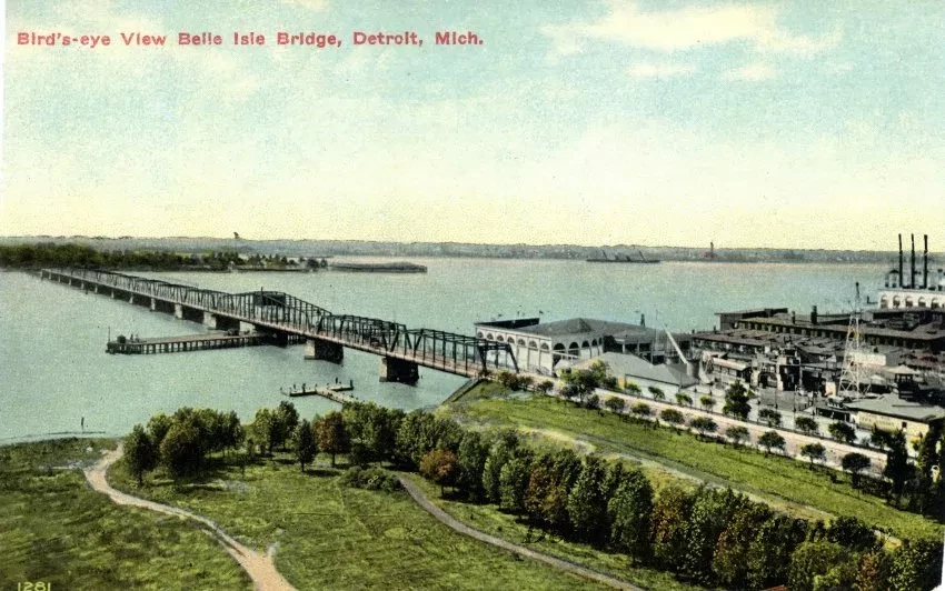 Postcard - Bird's Eye View, Belle Isle Bridge, Detroit, Mich.