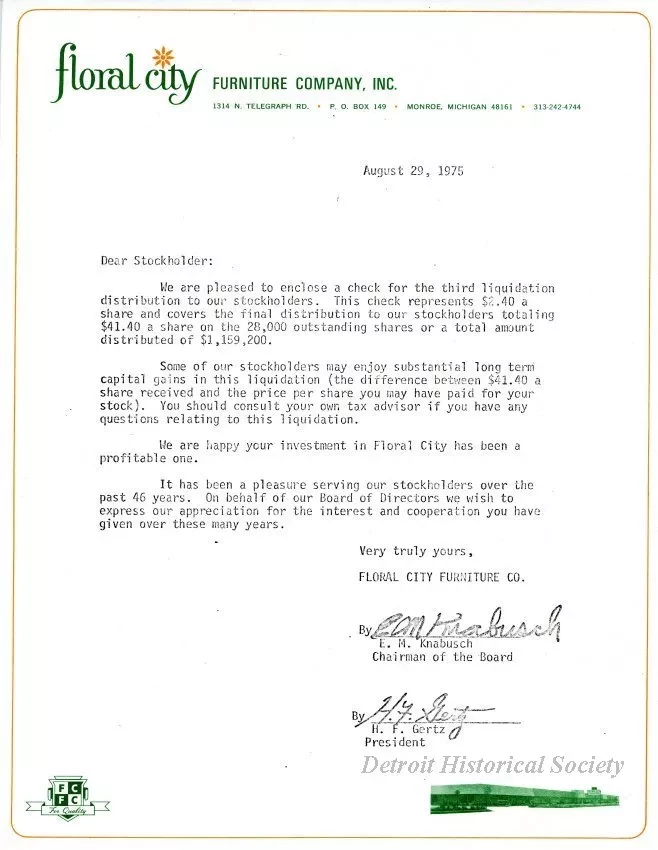 Letter - Floral City Furniture Company, Inc.