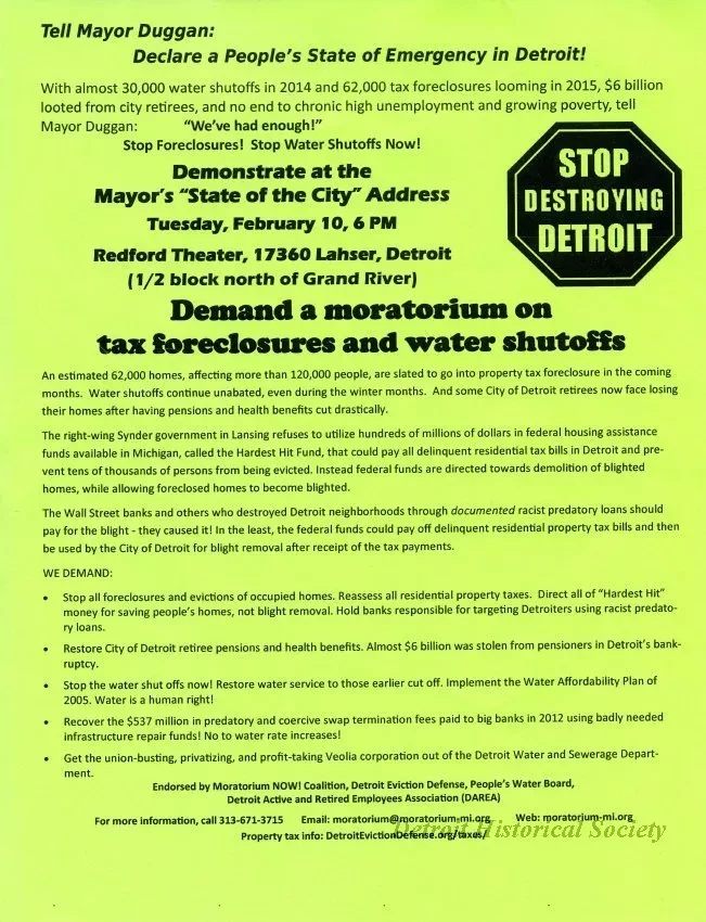 Flyer - Tell Mayor Duggan: Declare a People's State of Emergency in Detroit!
