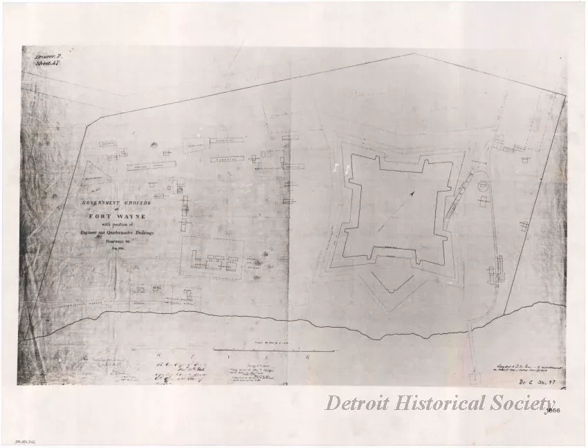 Drawing, Technical - Government Grounds at Fort Wayne 
with Position of Engineer and Quartermaster Buildings, Roadways &c.,
Aug. 1866