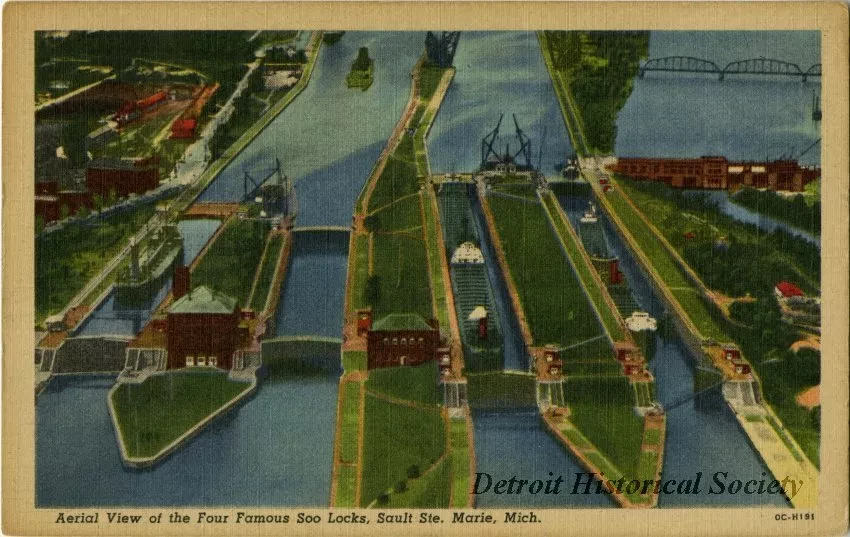 Postcard - Aerial View of the Four Famous Soo Locks, Sault Ste. Marie, Mich.