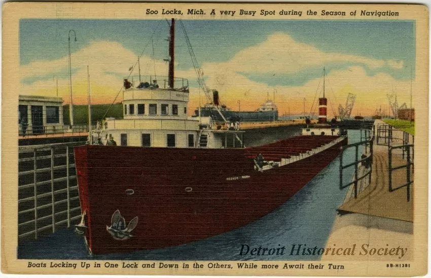 Postcard - Soo Locks, Mich. A very Busy Spot during the Season of Navigation. Boats Locking Up in One Lock and Down in the Others, While more Await their Turn.