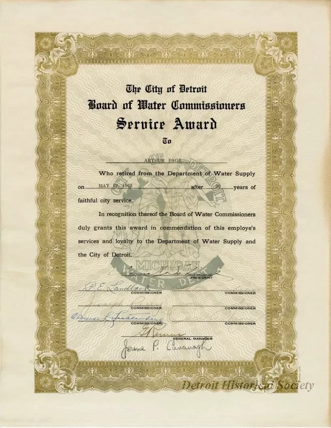 Certificate, Commemorative - The City of Detroit
Board of Water Commissioners Service Award