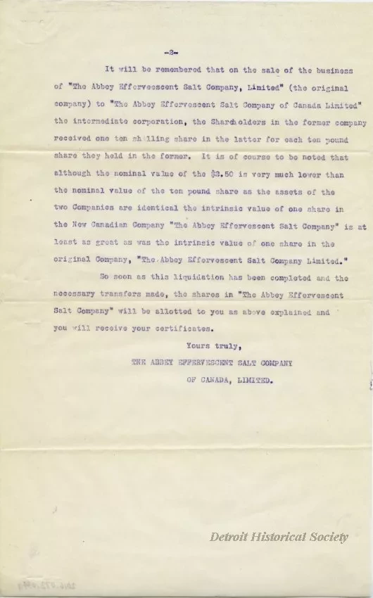 Letter - Abbey Effervescent Salt Companies
Re-Organization