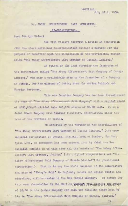 Letter - Abbey Effervescent Salt Companies
Re-Organization