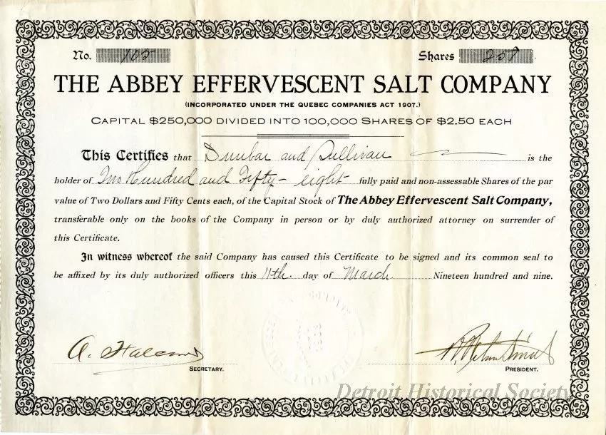 Certificate, Stock - The Abbey Effervescent Salt Company