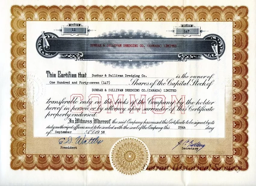 Certificate, Stock - Dunbar & Sullivan Dredging Co. (Canada) Limited