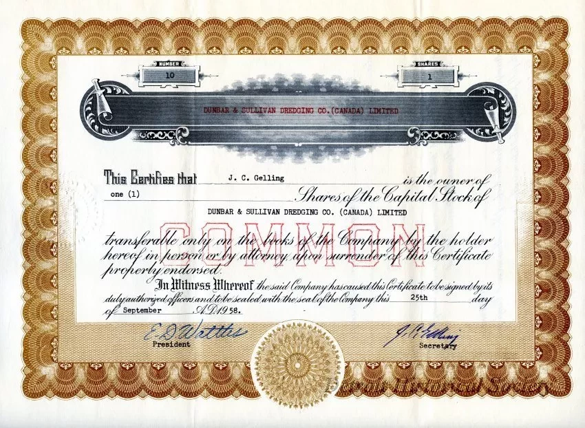 Certificate, Stock - Dunbar & Sullivan Dredging Co. (Canada) Limited