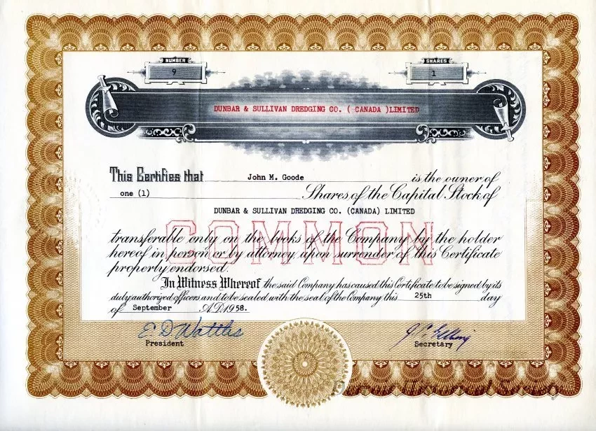 Certificate, Stock - Dunbar & Sullivan Dredging Co. (Canada) Limited