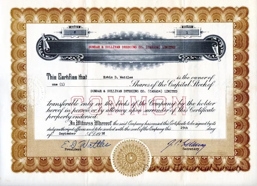 Certificate, Stock - Dunbar & Sullivan Dredging Co. (Canada) Limited