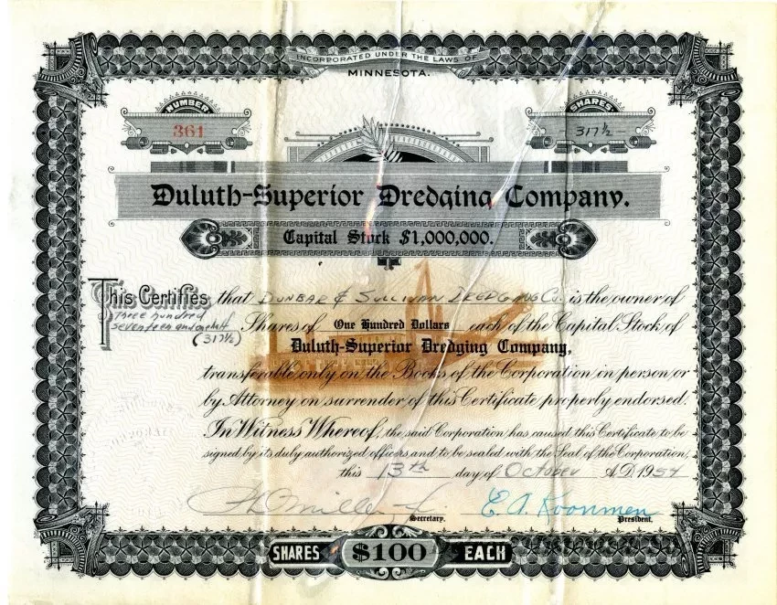 Certificate, Stock - Duluth-Superior Dredging Company