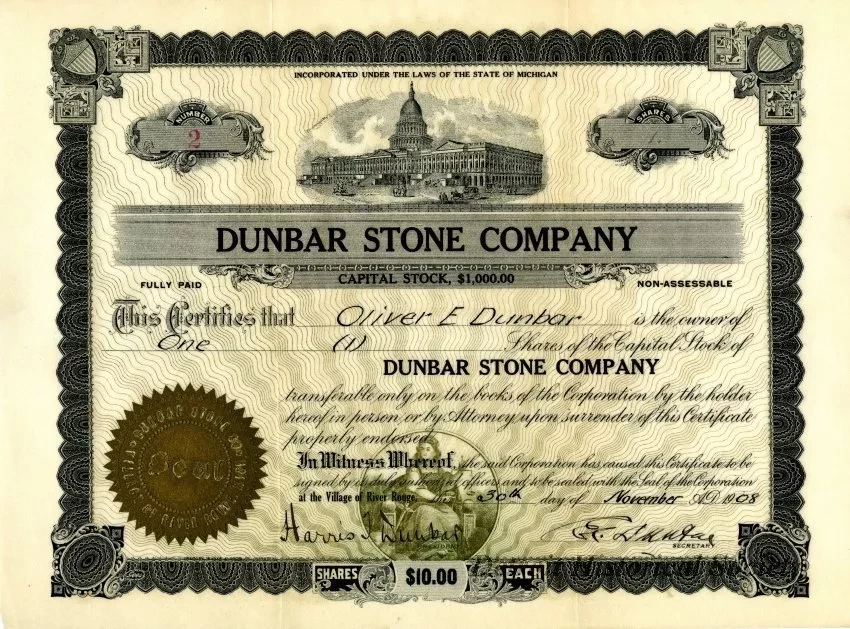 Certificate, Stock - Dunbar Stone Company