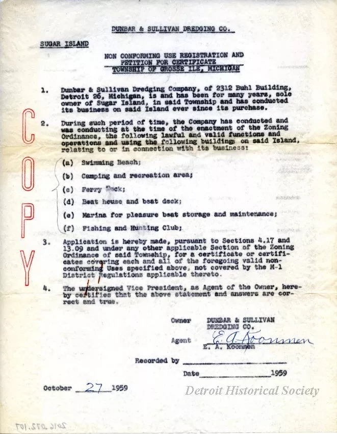 Letter - Dunbar & Sullivan Dredging Co. 
Sugar Island, Non Conforming Use Registration and Petition for Certificate, Township of Grosse Ile, Michigan