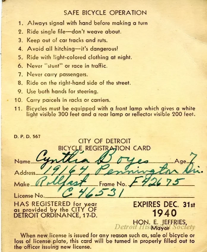 Card, Documentary - City of Detroit
Bicycle Registration Card