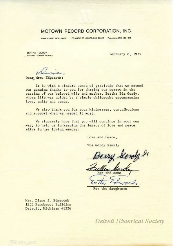 Letter - Motown Record Corporation, Inc.