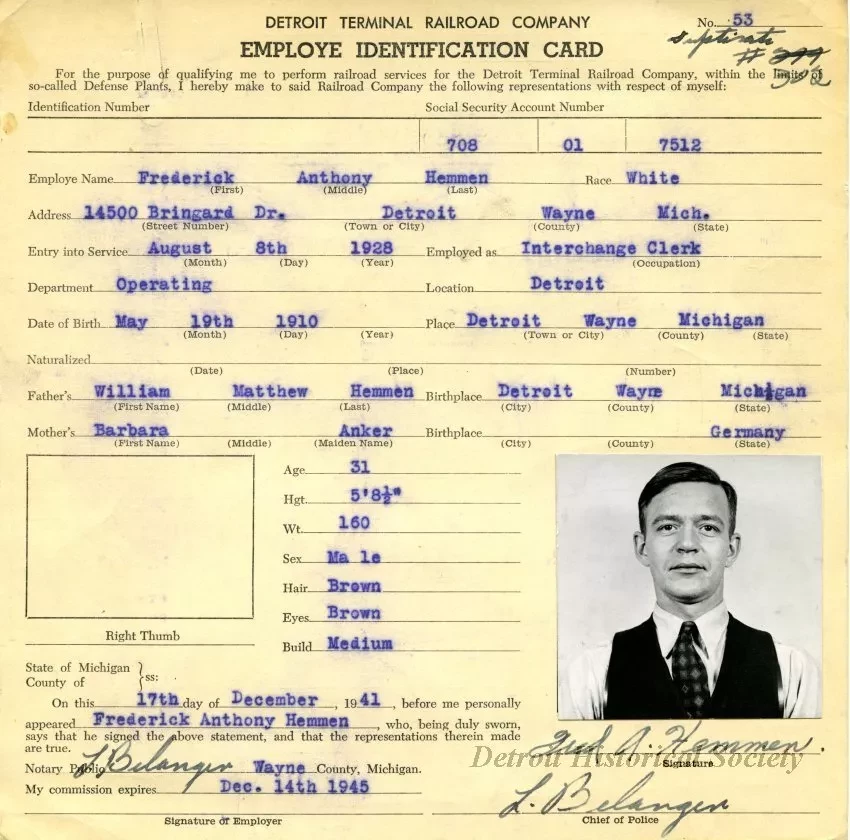 Card, Identification - Detroit Terminal Railroad Company 
Employee Identification Card