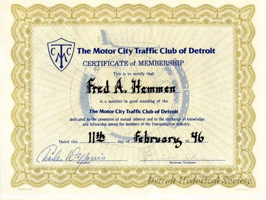Certificate, Membership - The Motor City Traffic Club of Detroit