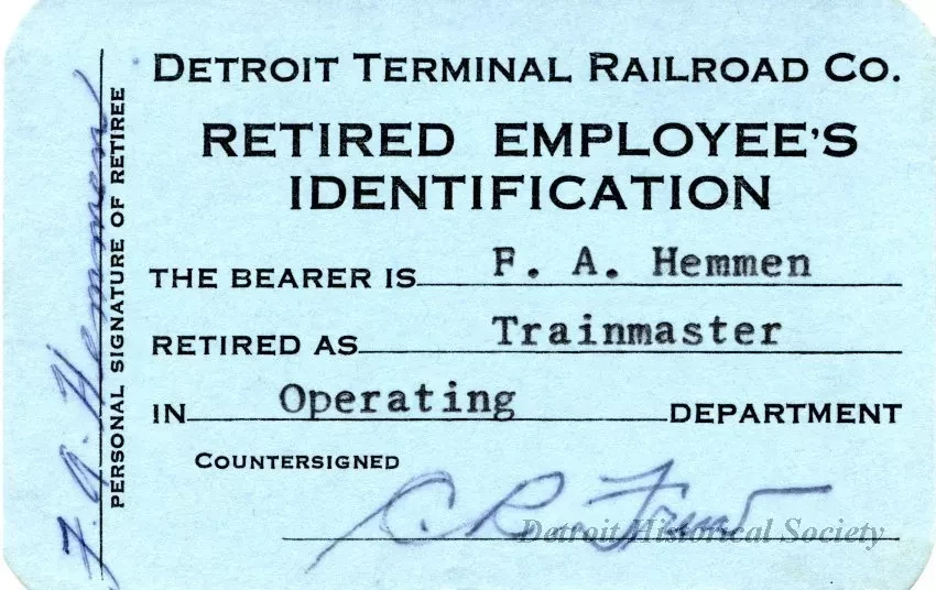 Card, Identification - Detroit Terminal Railroad Co.
Retired Employee's Identification
