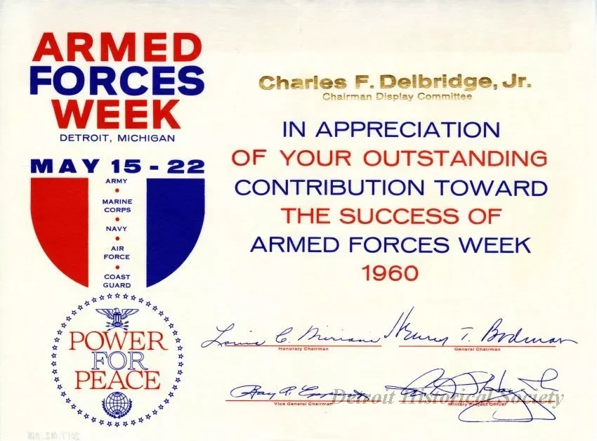 Certificate, Achievement - Armed Forces Week
Detroit, Michigan