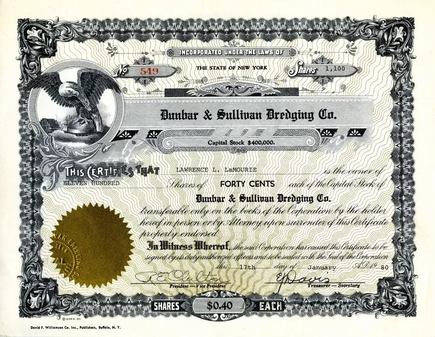 Certificate, Stock - Dunbar & Sullivan Dredging Company