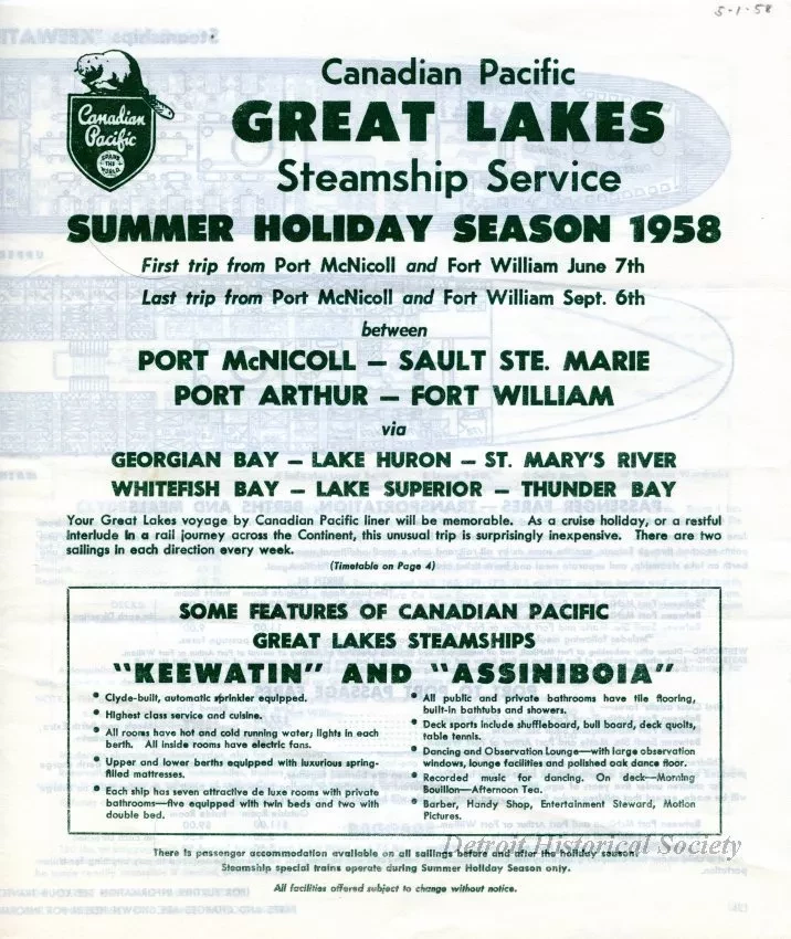 Brochure - Canadian Pacific Great Lakes Steamship Service,
Summer Holiday Season Schedule for 1958