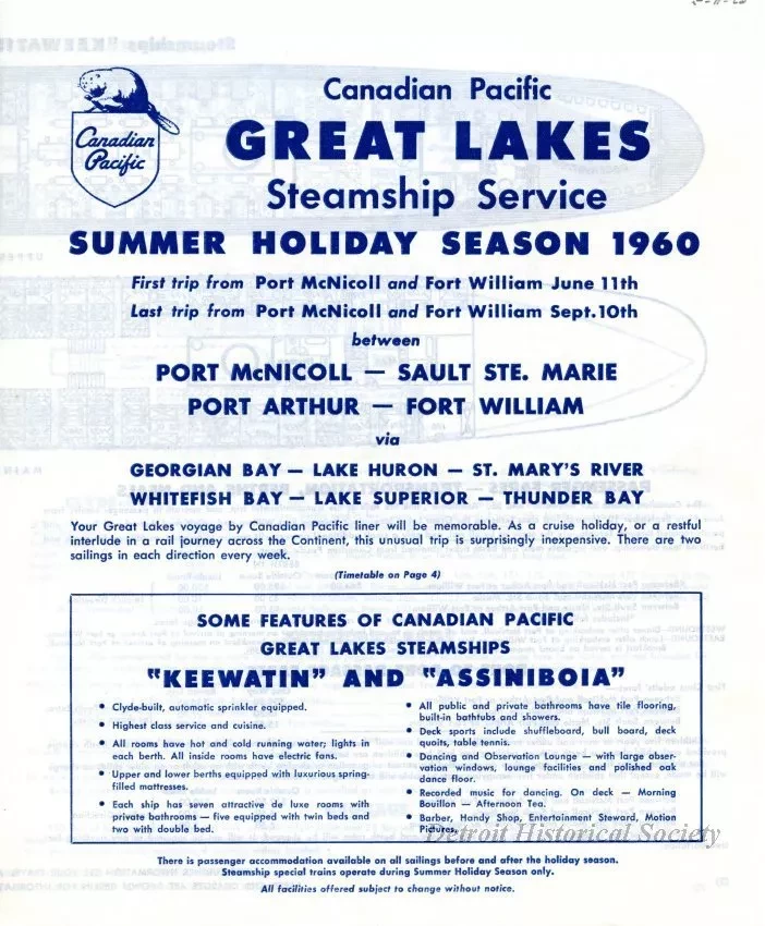 Brochure - Canadian Pacific Great Lakes Steamship Service,
Summer Holiday Season Schedule for 1960