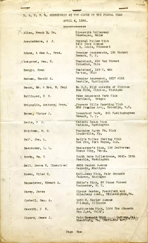 Roster - R.S.R.O.A. Membership at the Close of the Fiscal Year, April 4, 1939