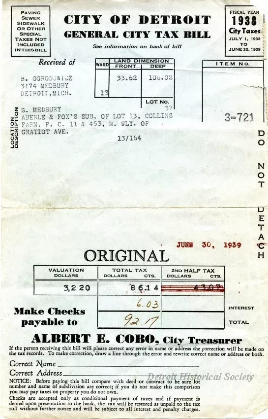 Bill, Tax - City of Detroit
General City Tax Bill