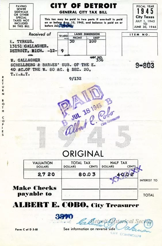 Bill, Tax - City of Detroit
General City Tax Bill