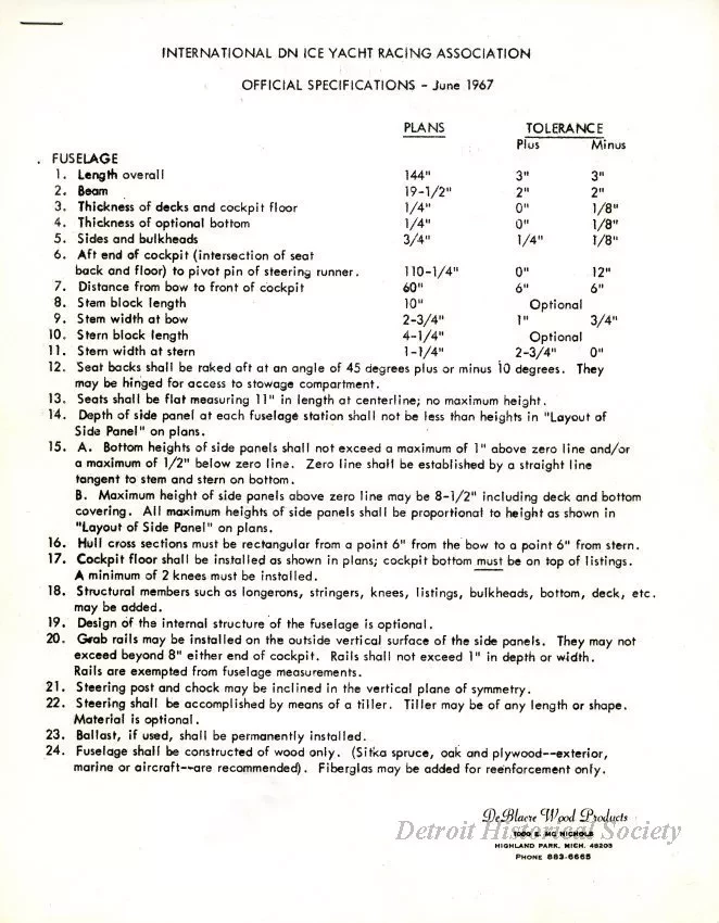 Specification - International DN Ice Yacht Racing Association 
Official Specifications - June, 1967
