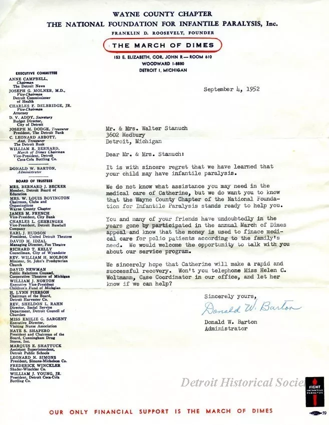 Letter - Wayne County Chapter 
The National Foundation for Infantile Paralysis