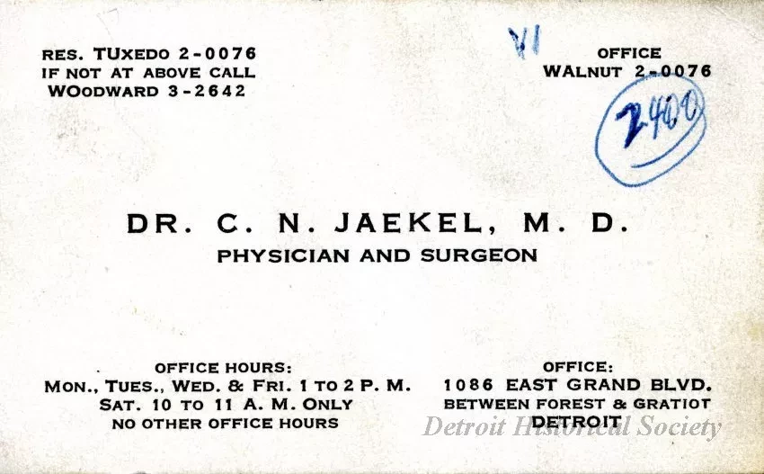 Card, Business - Dr. C. N. Jaekel, M. D.