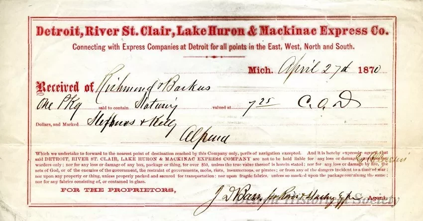 Receipt - Detroit, River, St. Clair, Lake Huron & Mackinac Express Co.