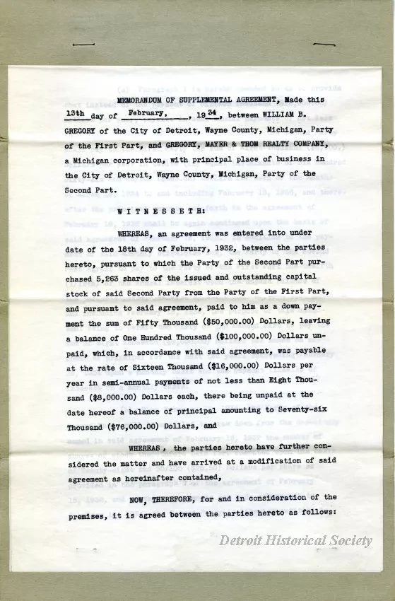 Agreement - Memorandum of Supplemental Agreement