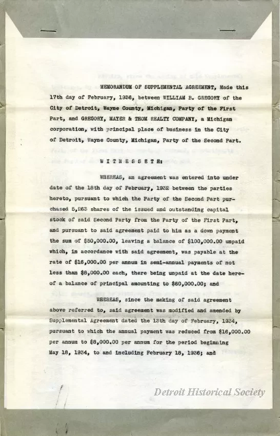 Agreement - Memorandum of Supplemental Agreement