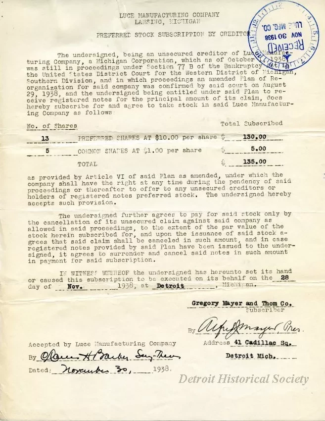 Letter - Luce Manufacturing Company