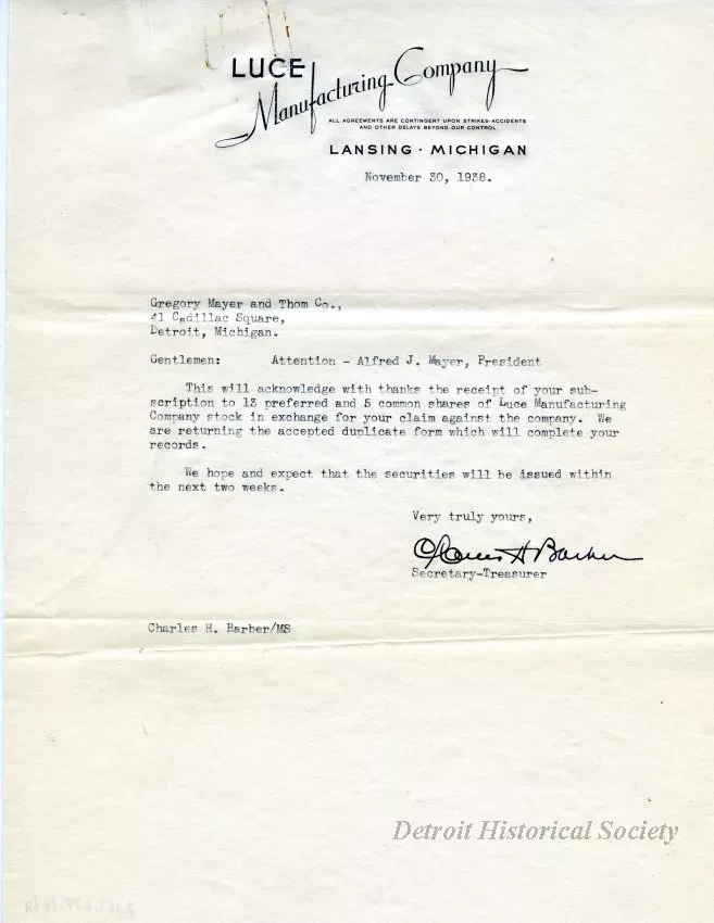 Letter - Luce Manufacturing Company