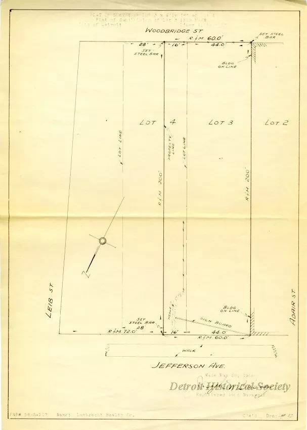 Survey, Land - Plat of Survey of Lot 3 & W'ly [Westerly] 16' of Lot 4,
Plat of Subdivision of Leib Farm, City of Detroit, Liber 1, Page 130