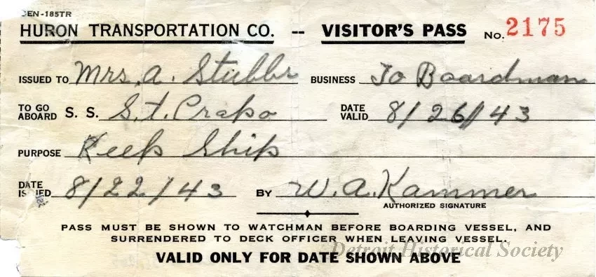 Pass - Huron Transportation Co. - Visitor's Pass