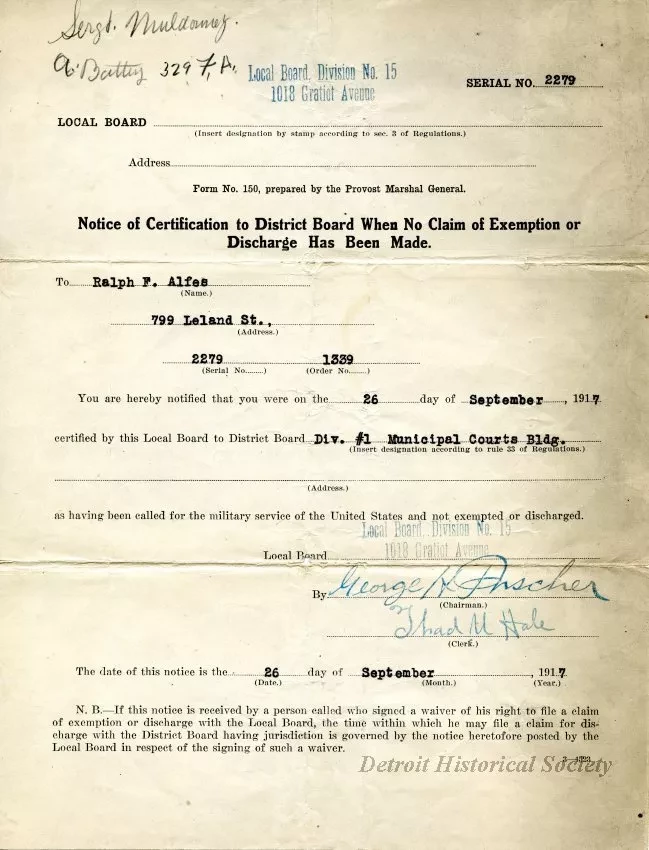 Letter, Form - Notice of Certification to District Board When No Claim of Exemption or Discharge Has Been Made