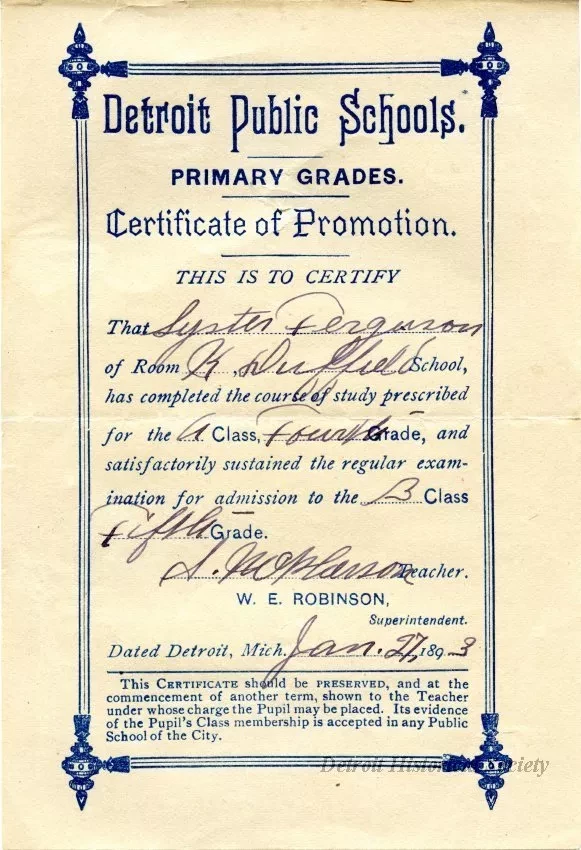 Certificate, Achievement - Detroit Public Schools
Primary Grades
Certificate of Promotion