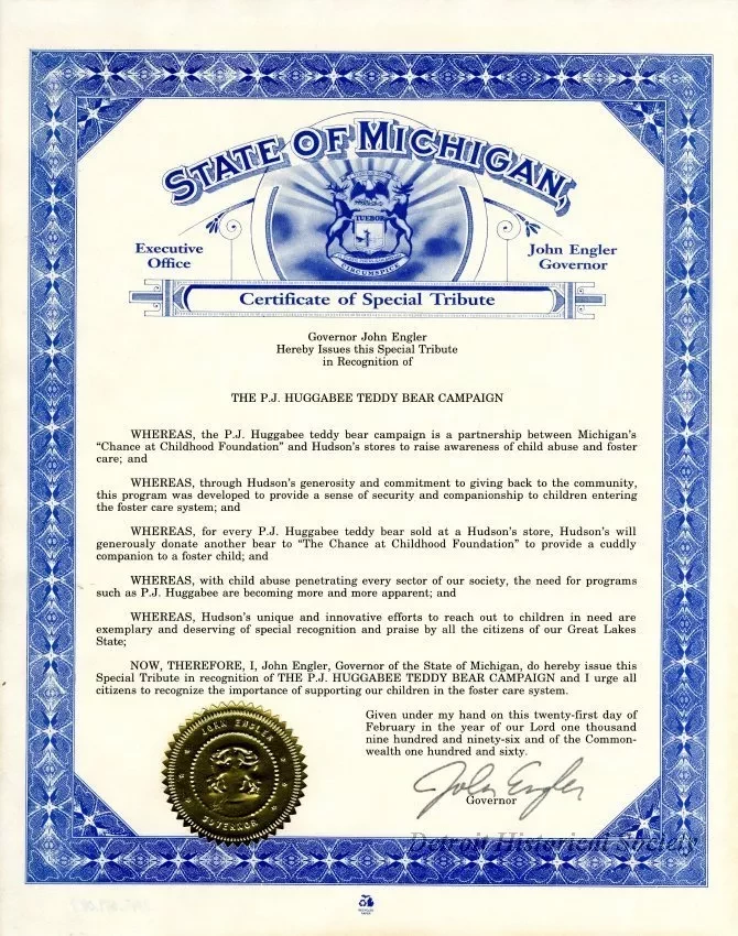 Certificate - The P. J. Huggabee Teddy Bear Campaign