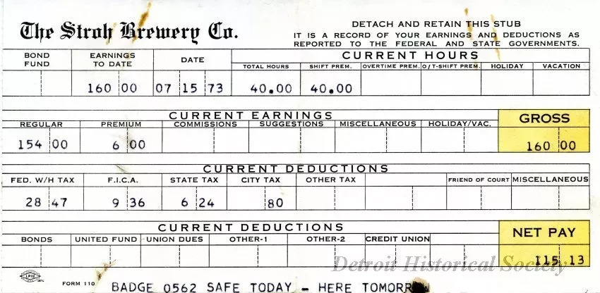 Stub, Paycheck - The Stroh Brewery Company