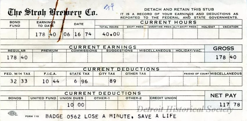 Stub, Paycheck - The Stroh Brewery Company