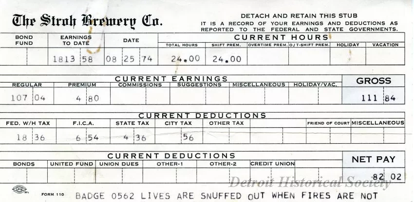 Stub, Paycheck - The Stroh Brewery Company