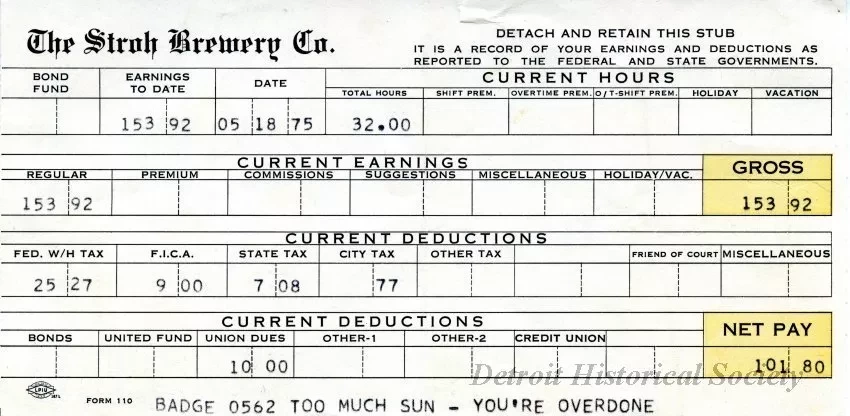 Stub, Paycheck - The Stroh Brewery Company