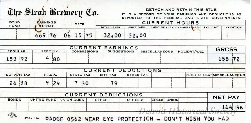 Stub, Paycheck - The Stroh Brewery Company