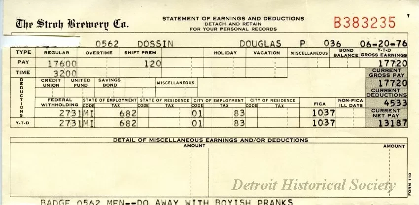 Stub, Paycheck - The Stroh Brewery Company