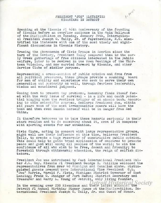 Release, News - President "Joe" Electrifies Kiwanians in Detroit